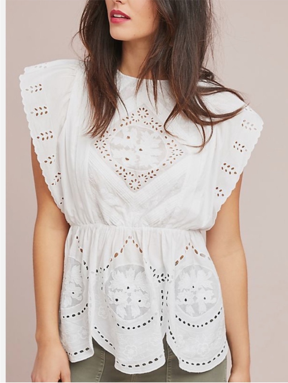 White Eyelet Flutter-Sleeve Blouse with Cinched Waist